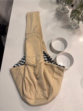 Canvas Sling Dog Carrier in Cream with Checkered Lining